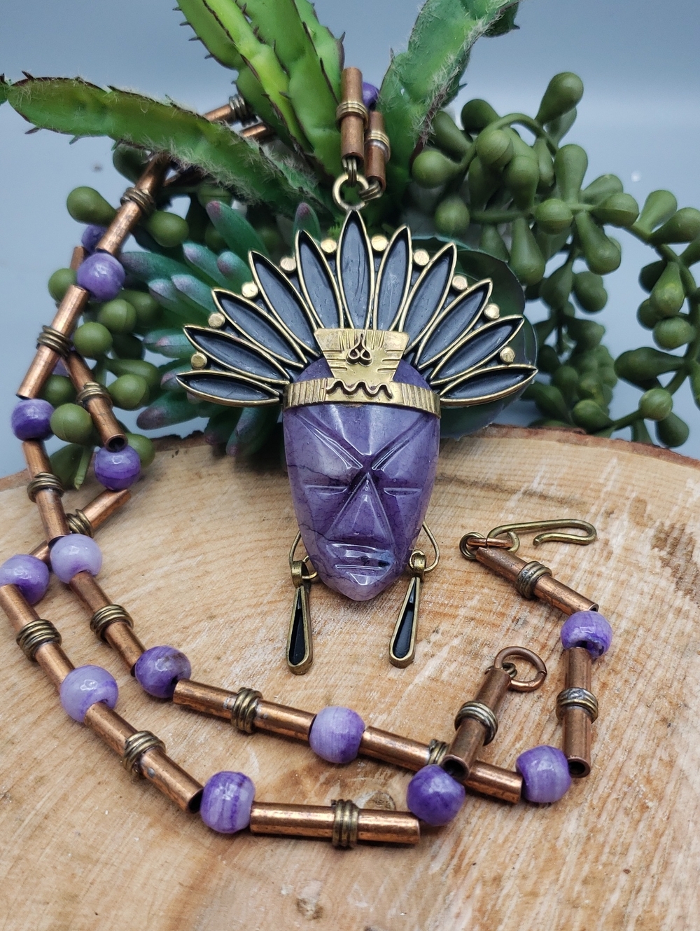 RARE Purple Agate/Quartz Aztec Mayan Mask w/ Long Necklace- Brass Primitive Vtg